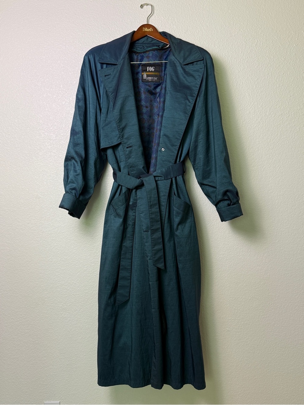 Vintage London Fog Teal Iridescent Trench Coat Full Length Belted size 16 tall